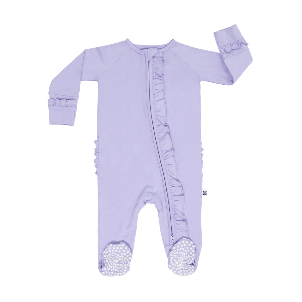 Lavender ruffle footie pajama with front zipper and footed cuffs