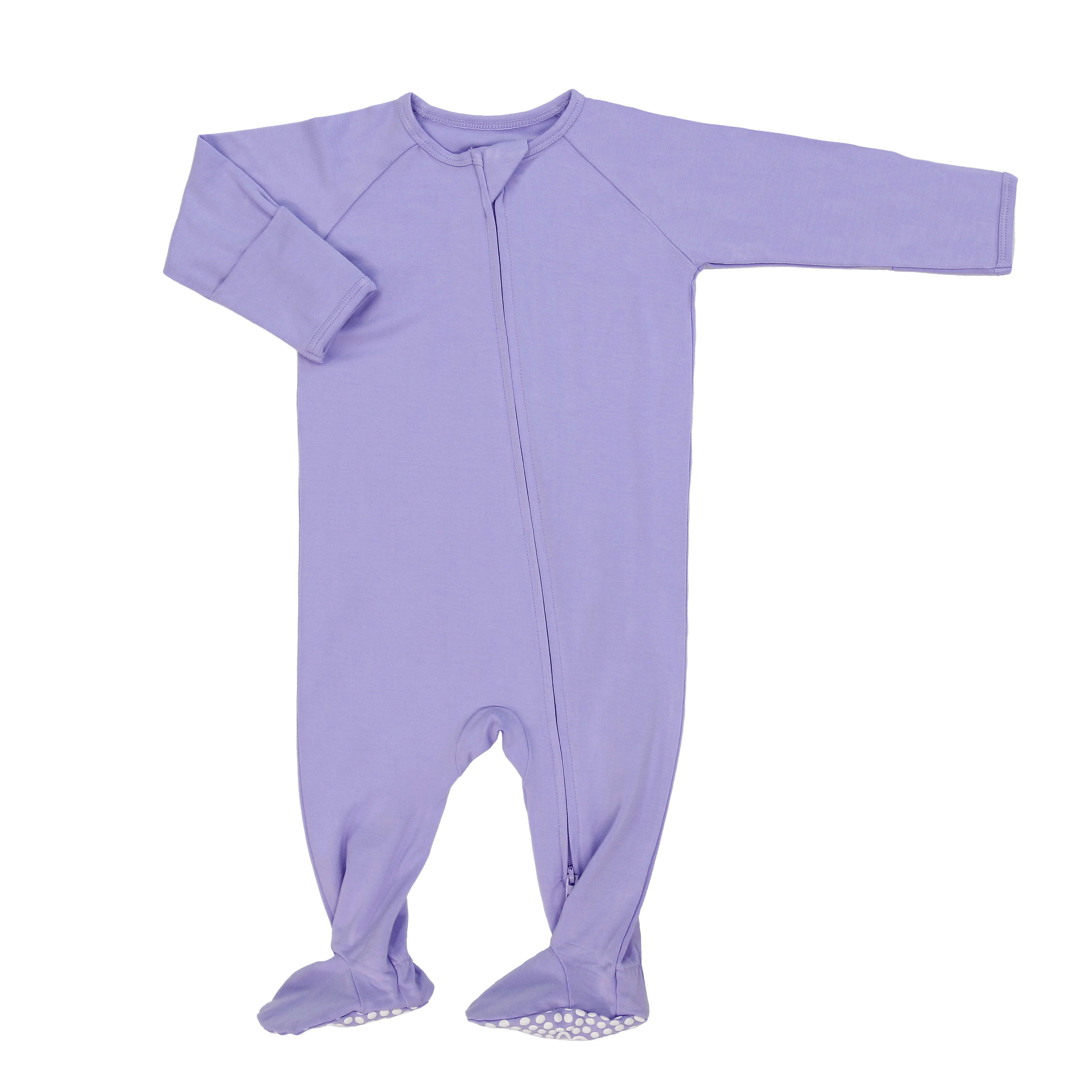Lavender zip-front footie with long sleeves and footed legs