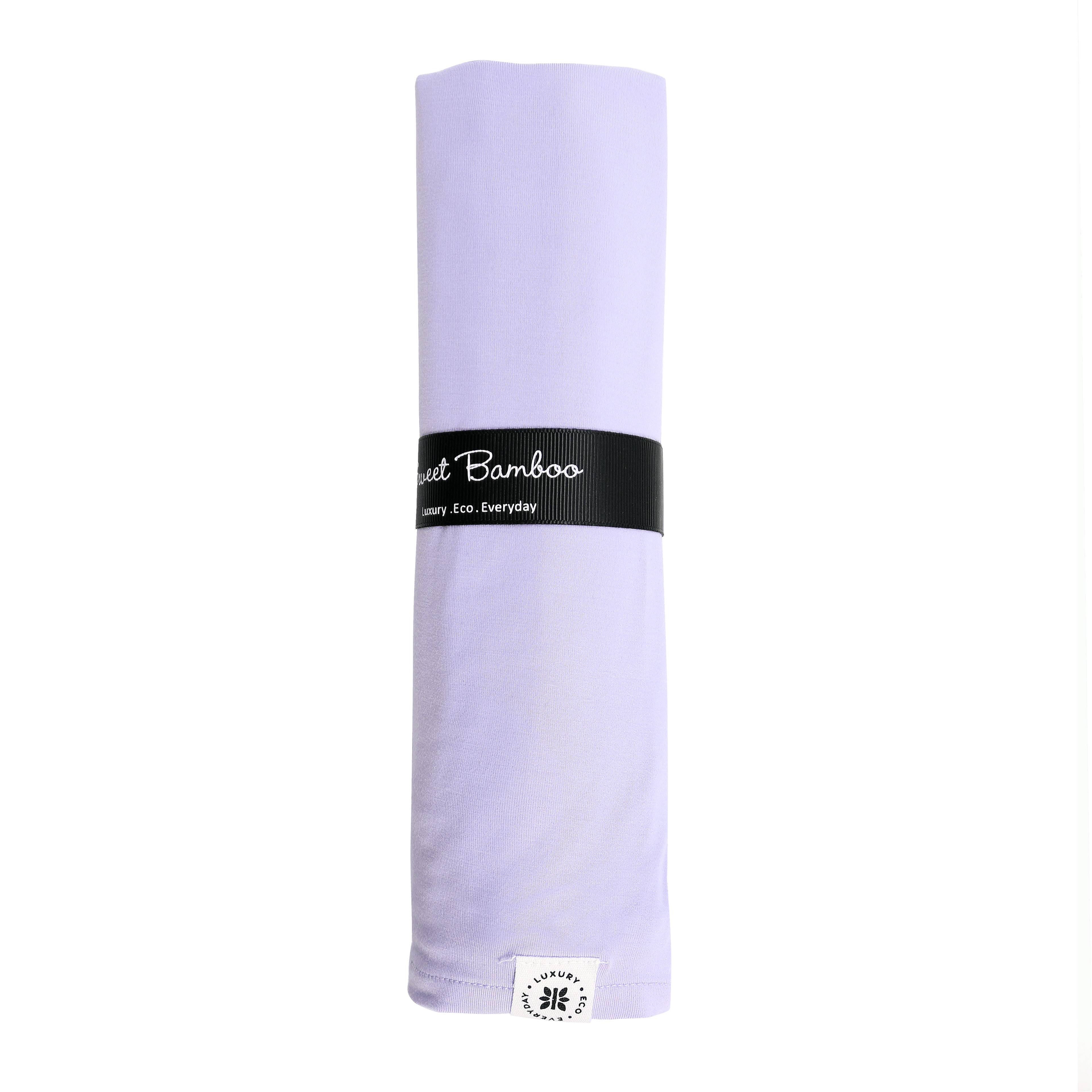 Lavender bamboo swaddle blanket, folded with black printed label band