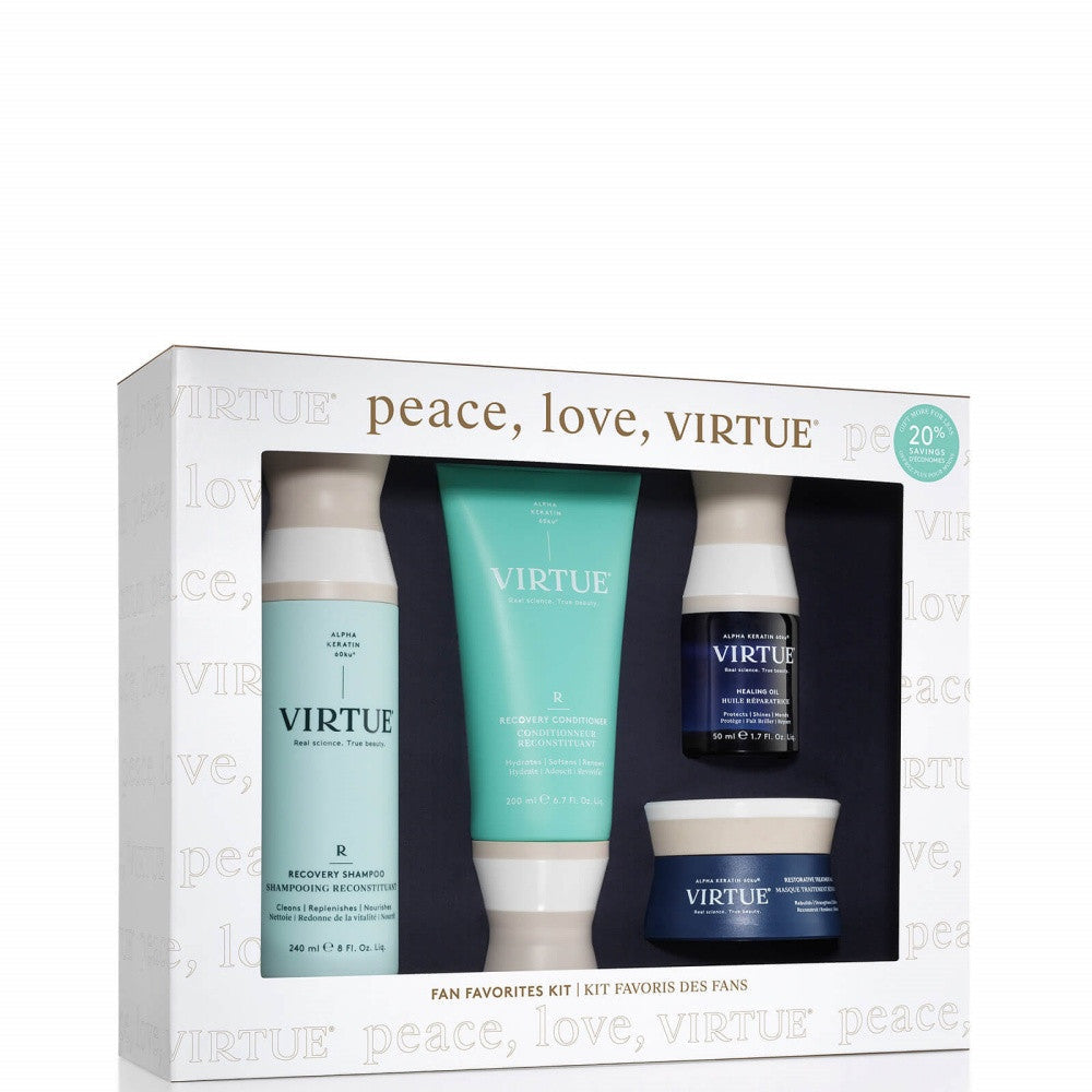 Skincare gift set box with four Virtue bottles and jars