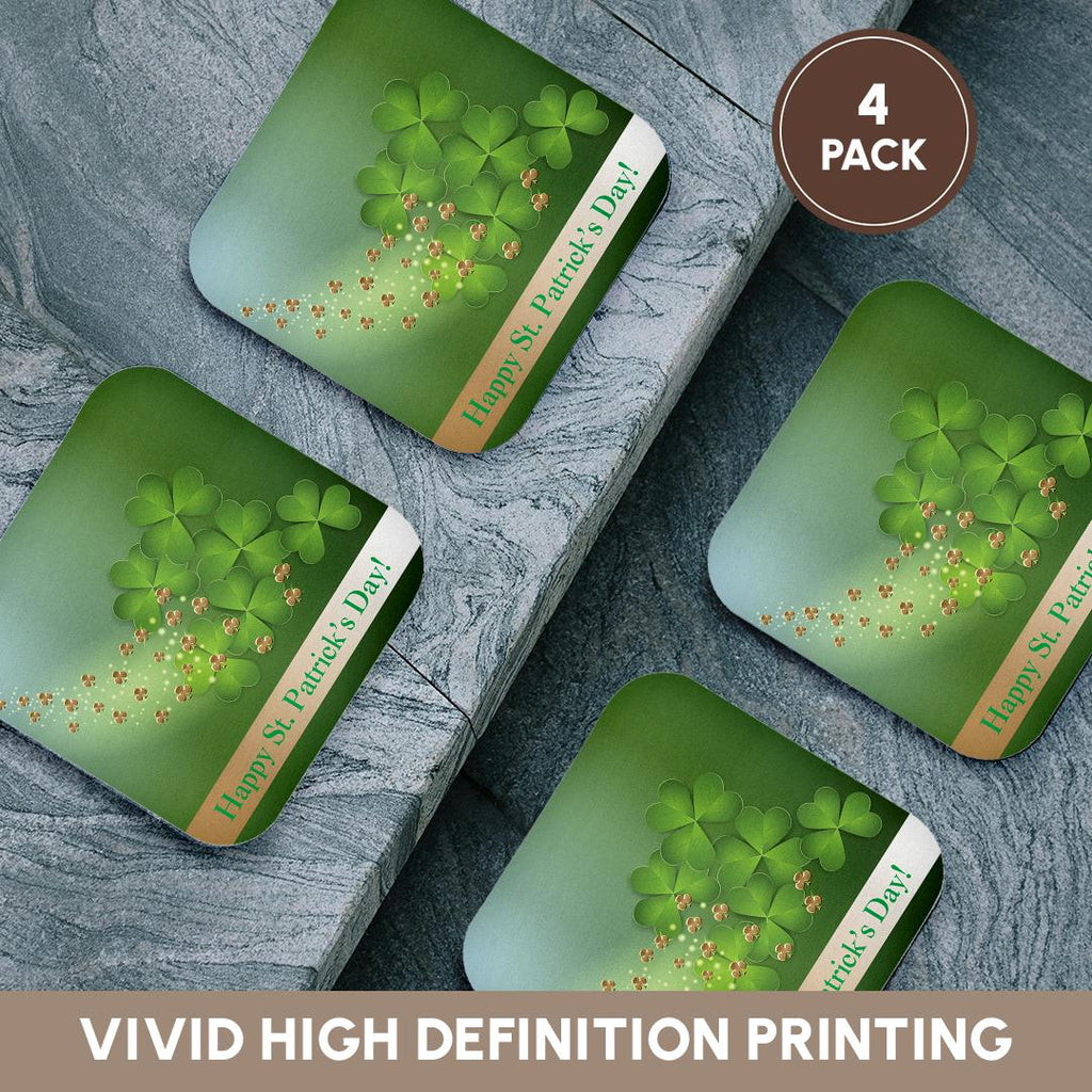 3dRose Beverly Turner St Patrick Day Design - Beautiful Green and Gold Shamrocks, Happy St. Patricks Day - Coasters (CST_180862)