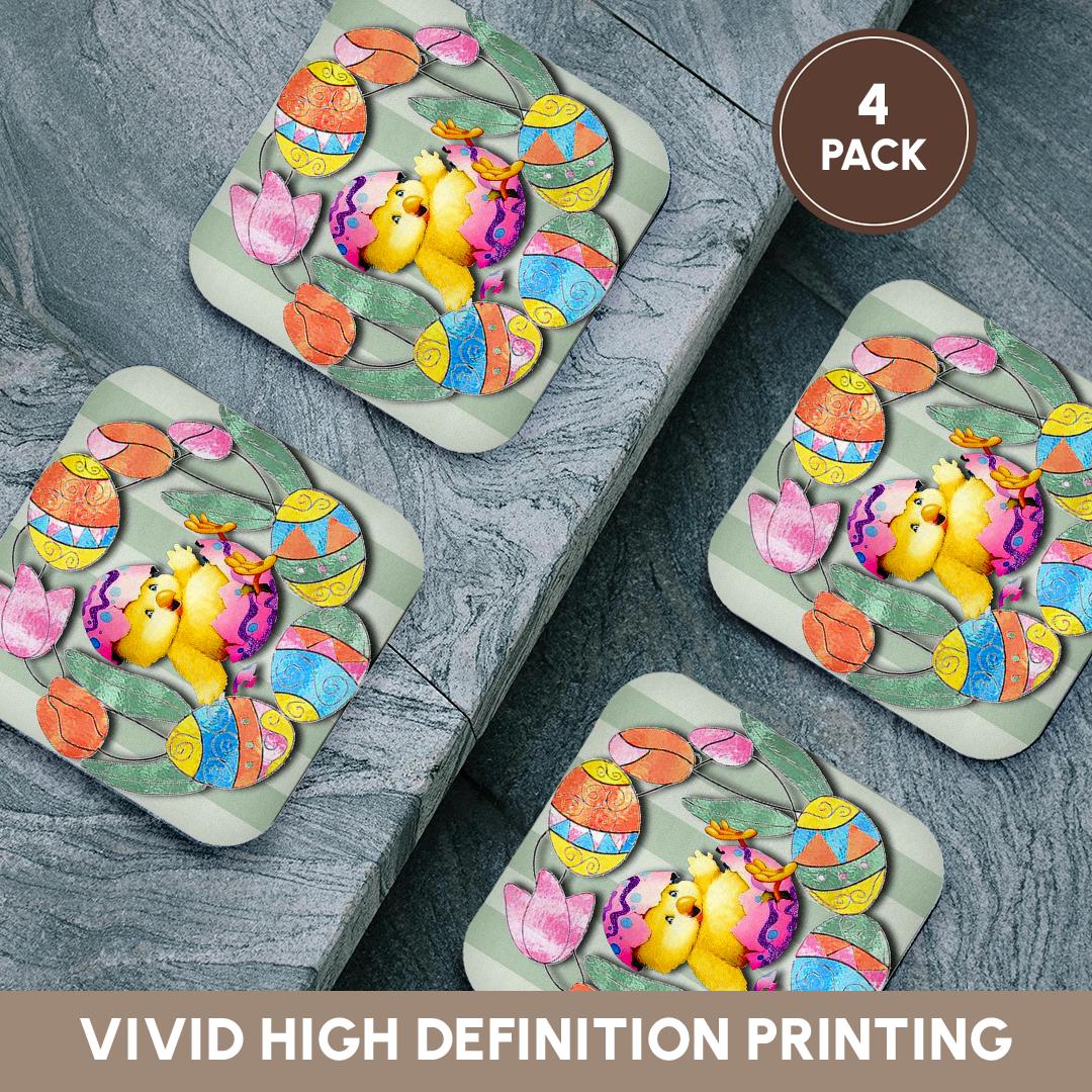 3dRose Spiritual Awakenings-Easter - Cute Easter chick and eggs all decorated around pretty tulips - Coasters (cst_167131)
