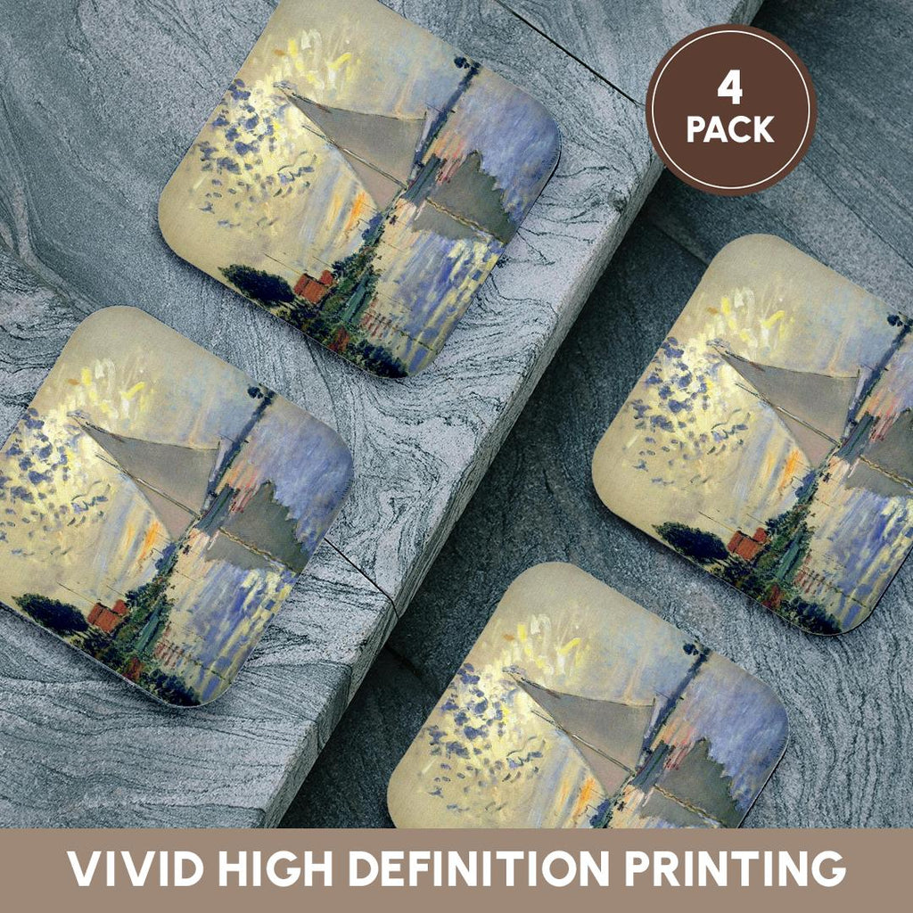 3dRose Florene - Monet Vintage Art - Print of Monet Painting Sailboat At Le Petit - Coasters (cst_203678)