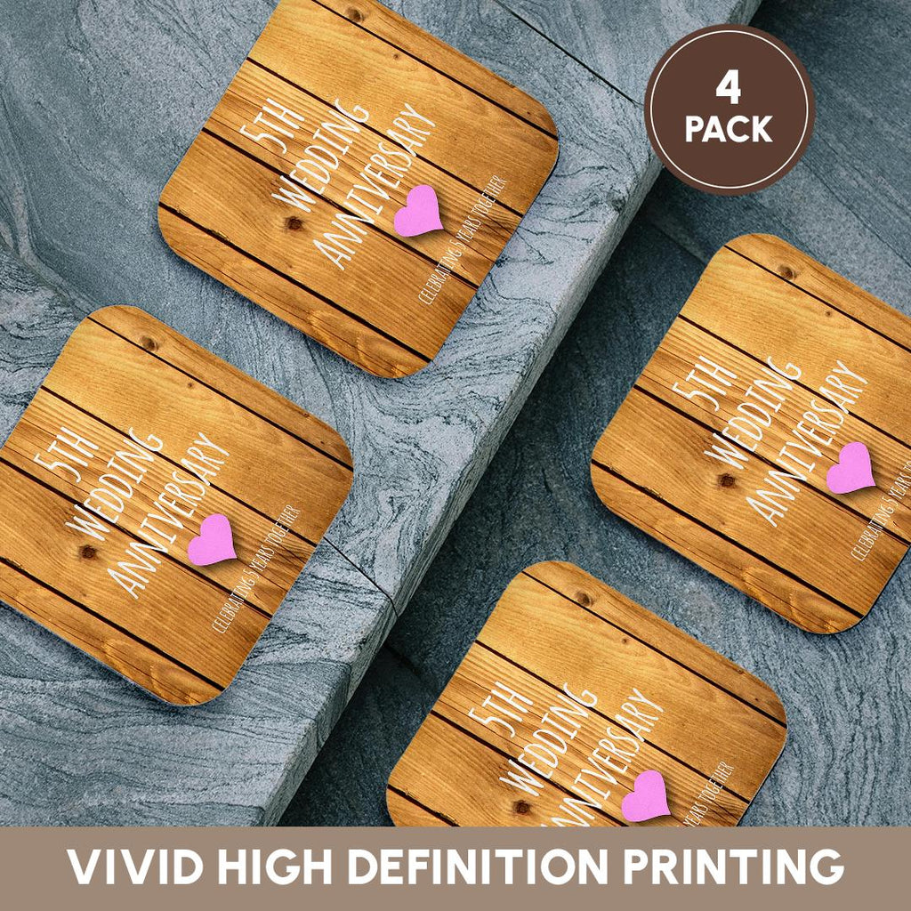 3dRose InspirationzStore Occasions - 5th Wedding Wood Celebrating 5 Years Together - Fifth Anniversaries Five yrs - Coasters (CST_154433)