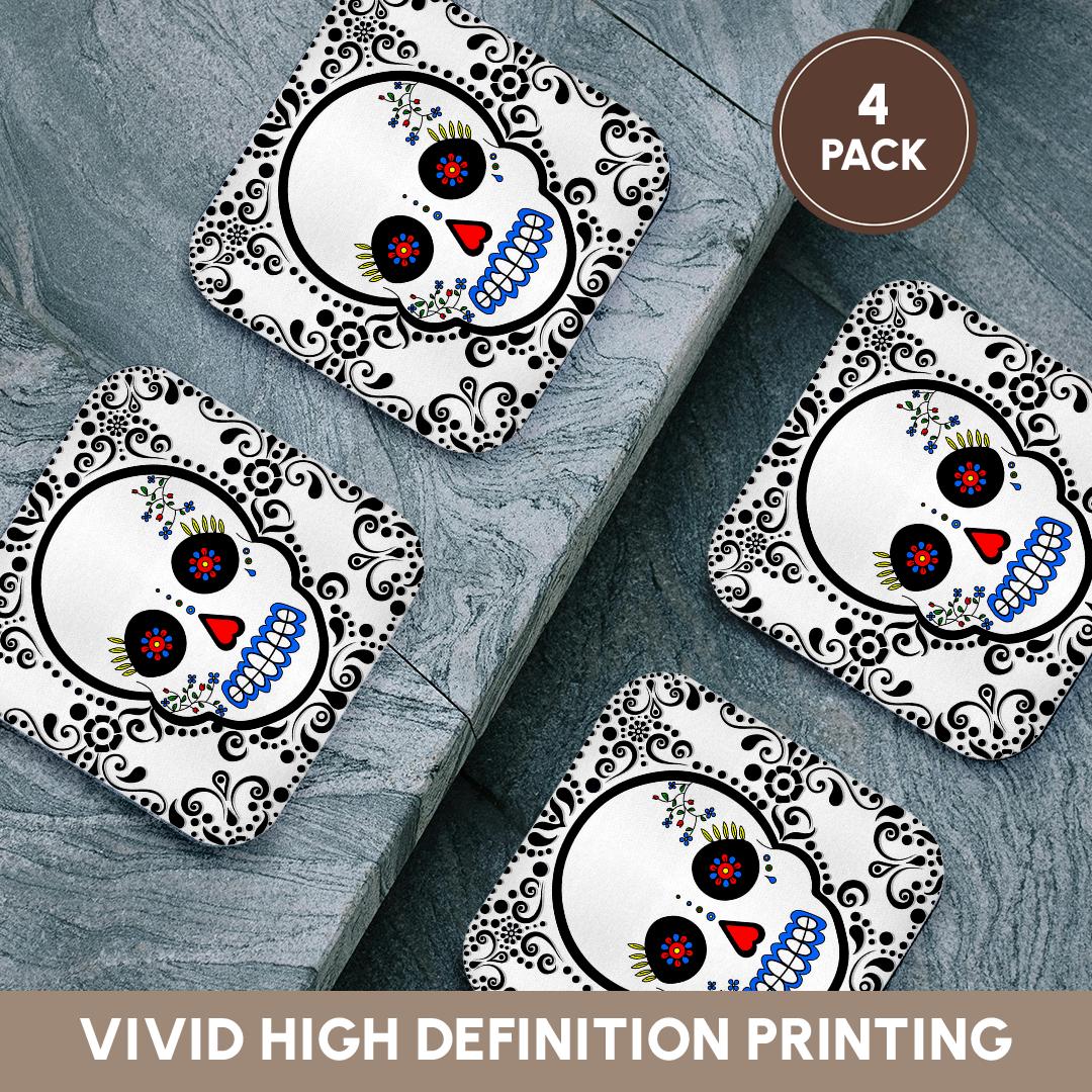 3dRose Janna Salak Designs Day of The Dead - Day of The Dead Skull Día de Los Muertos Sugar Skull Red Black Scroll Design - Coasters (CST_28865)