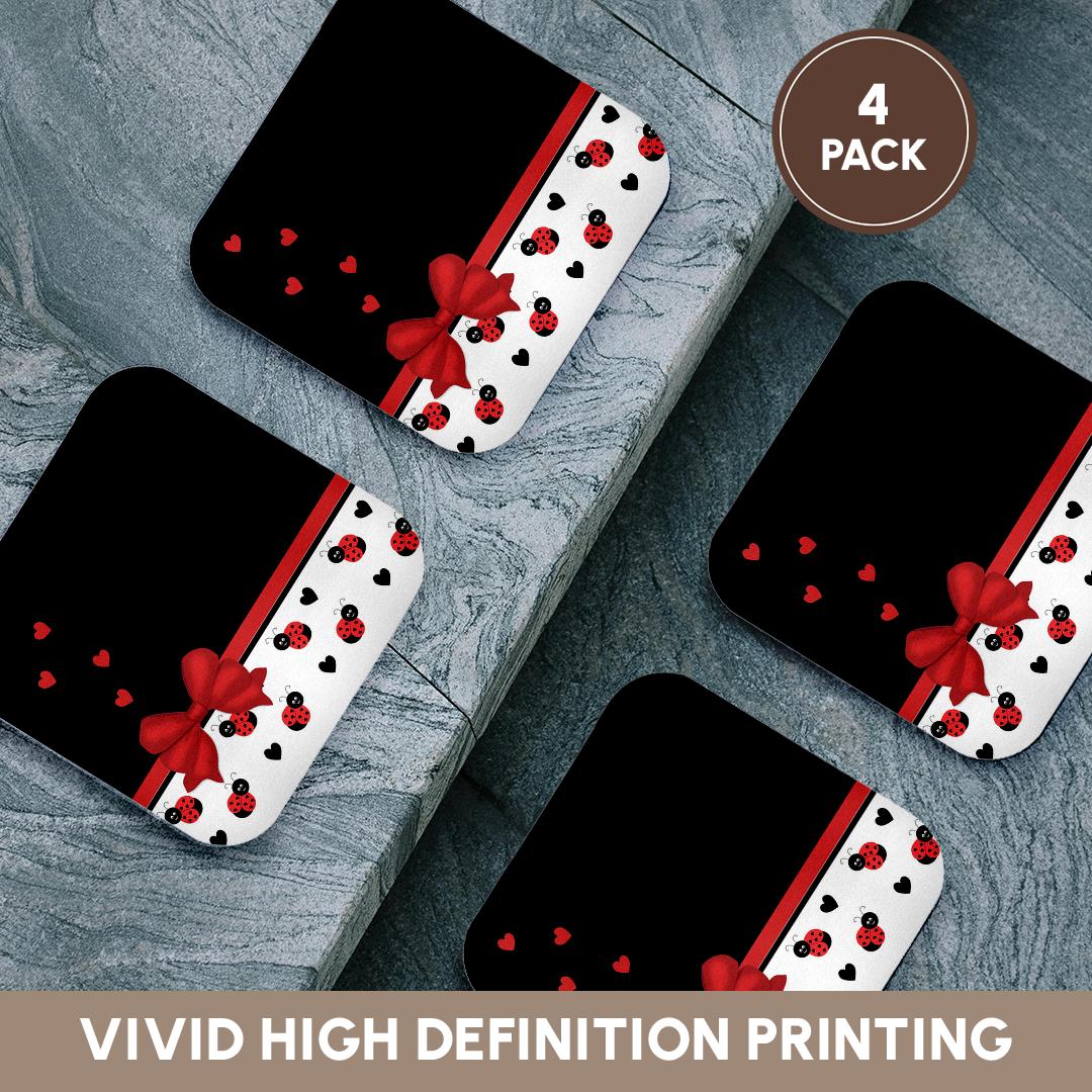 3dRose Charlyn Woodruff - CW Designs Whimsical Collection - Cute Red Black Ladybugs Floating Hearts Red Ribbon - Coasters (CST_155266)