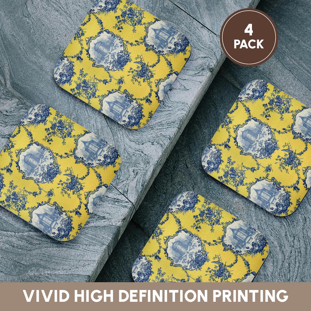 3dRose RinaPiro - French Toile - Garden French Toile. Yellow and Blue. Popular Toile Print. - Coasters (CST_218087)