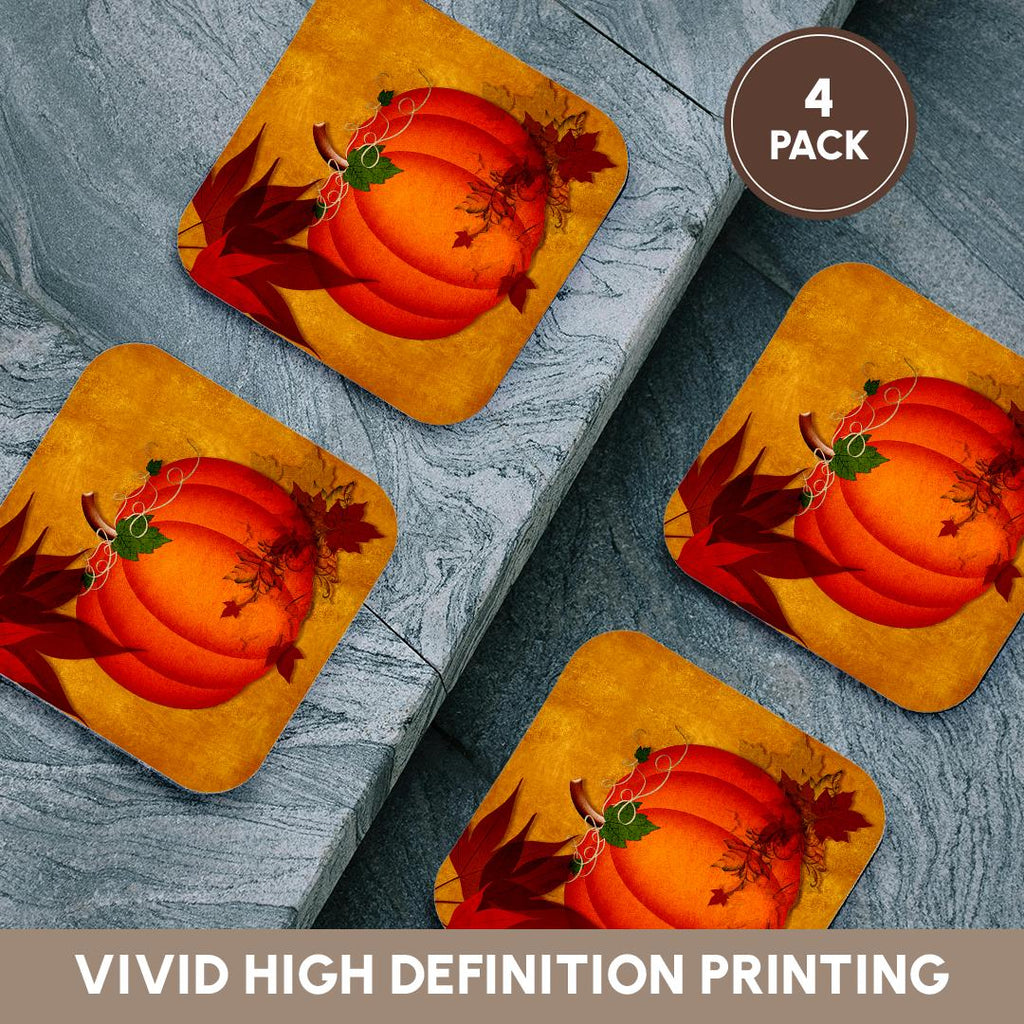 3dRose Doreen Erhardt Autumn Collection - Large Orange Pumpkin with Golden Grunge and Autumn Maple Leaves - Coasters (cst_240093)