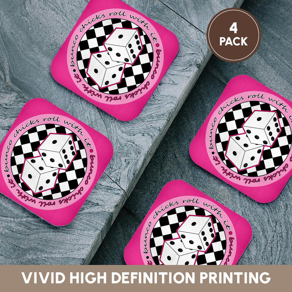 3dRose Janna Salak Designs Bunco - Bunco Chicks Roll With It Pink - Coasters (cst_28502)