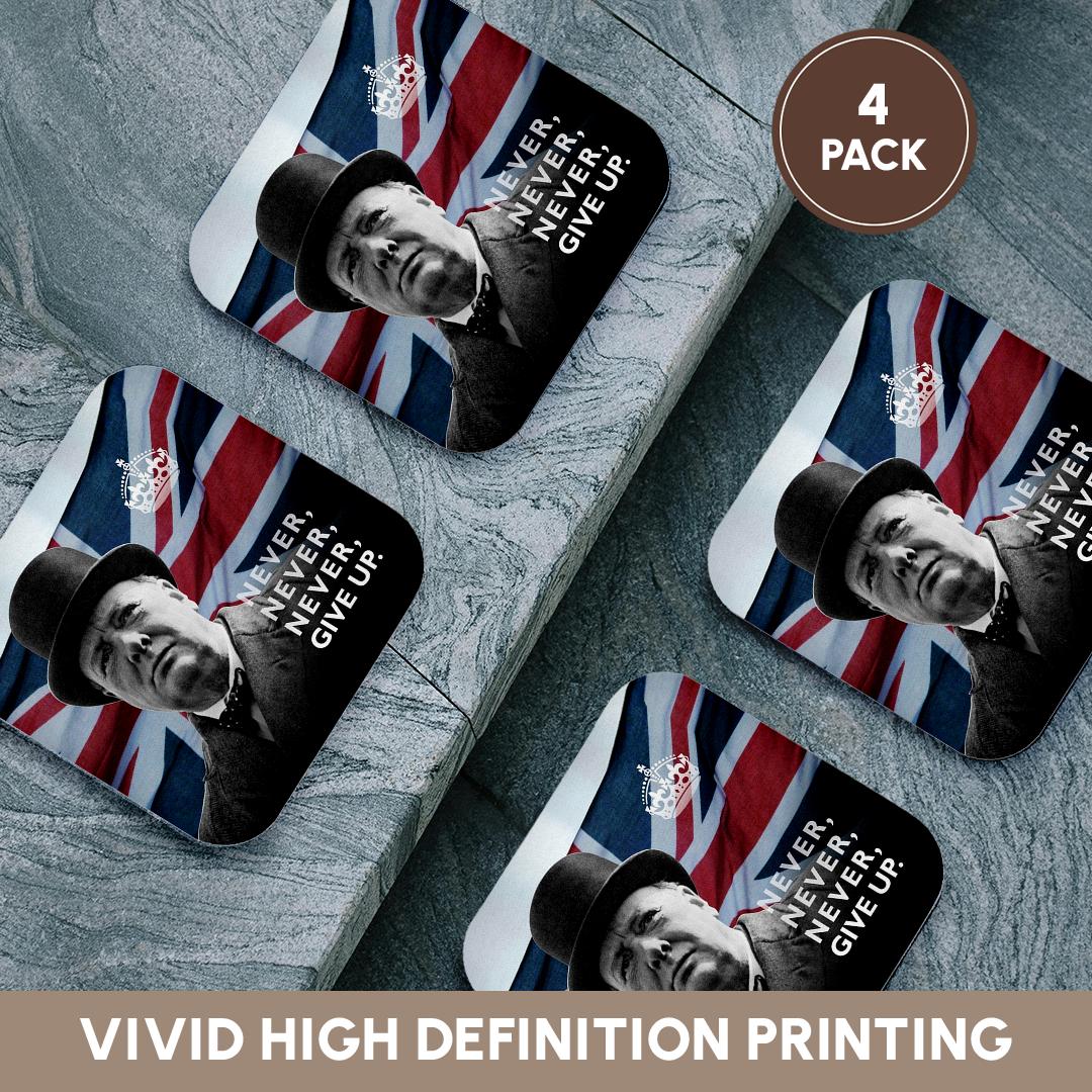 3dRose Russ Billington Designs - Winston Churchill- Never Give Up Quotation Over Union Jack Background - Coasters