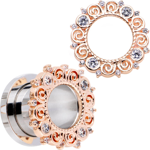 Rose gold-tone tunnel plug with clear gem floral frame