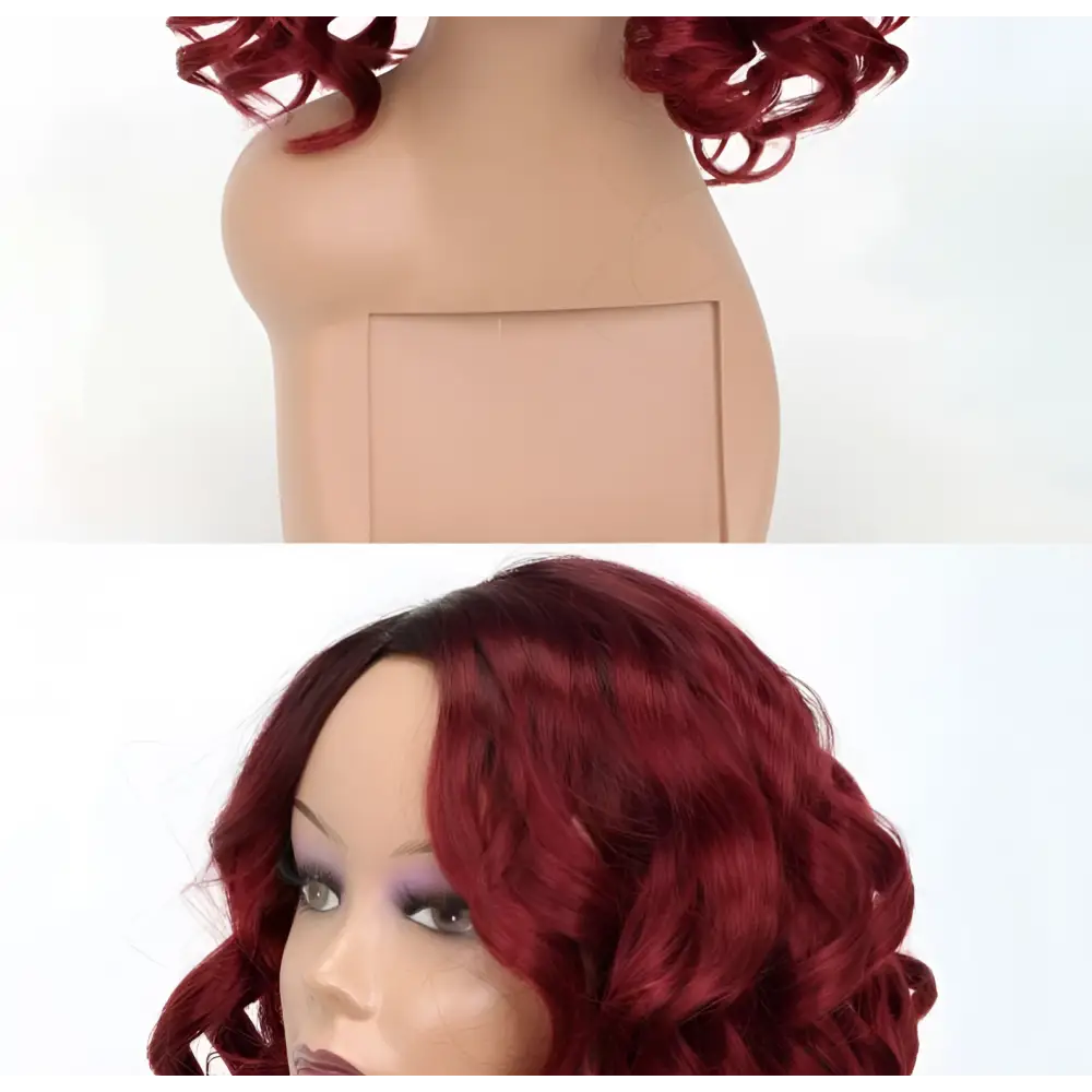 Voluminous Burgundy Curly Synthetic Wig — Oblique Bangs, 12 Inch, Any Skin Tone