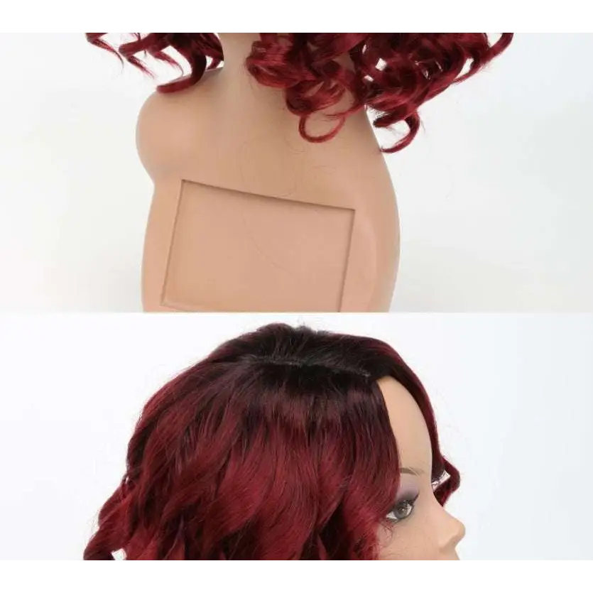 Voluminous Burgundy Curly Synthetic Wig — Oblique Bangs, 12 Inch, Any Skin Tone