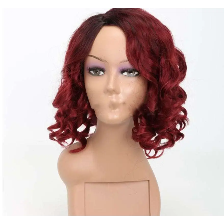 Voluminous Burgundy Curly Synthetic Wig — Oblique Bangs, 12 Inch, Any Skin Tone