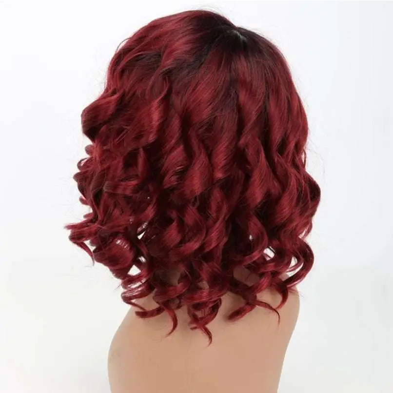 Voluminous Burgundy Curly Synthetic Wig — Oblique Bangs, 12 Inch, Any Skin Tone