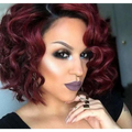 Voluminous Burgundy Curly Synthetic Wig — Oblique Bangs, 12 Inch, Any Skin Tone