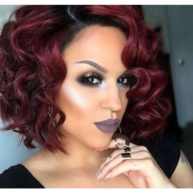 Voluminous Burgundy Curly Synthetic Wig — Oblique Bangs, 12 Inch, Any Skin Tone