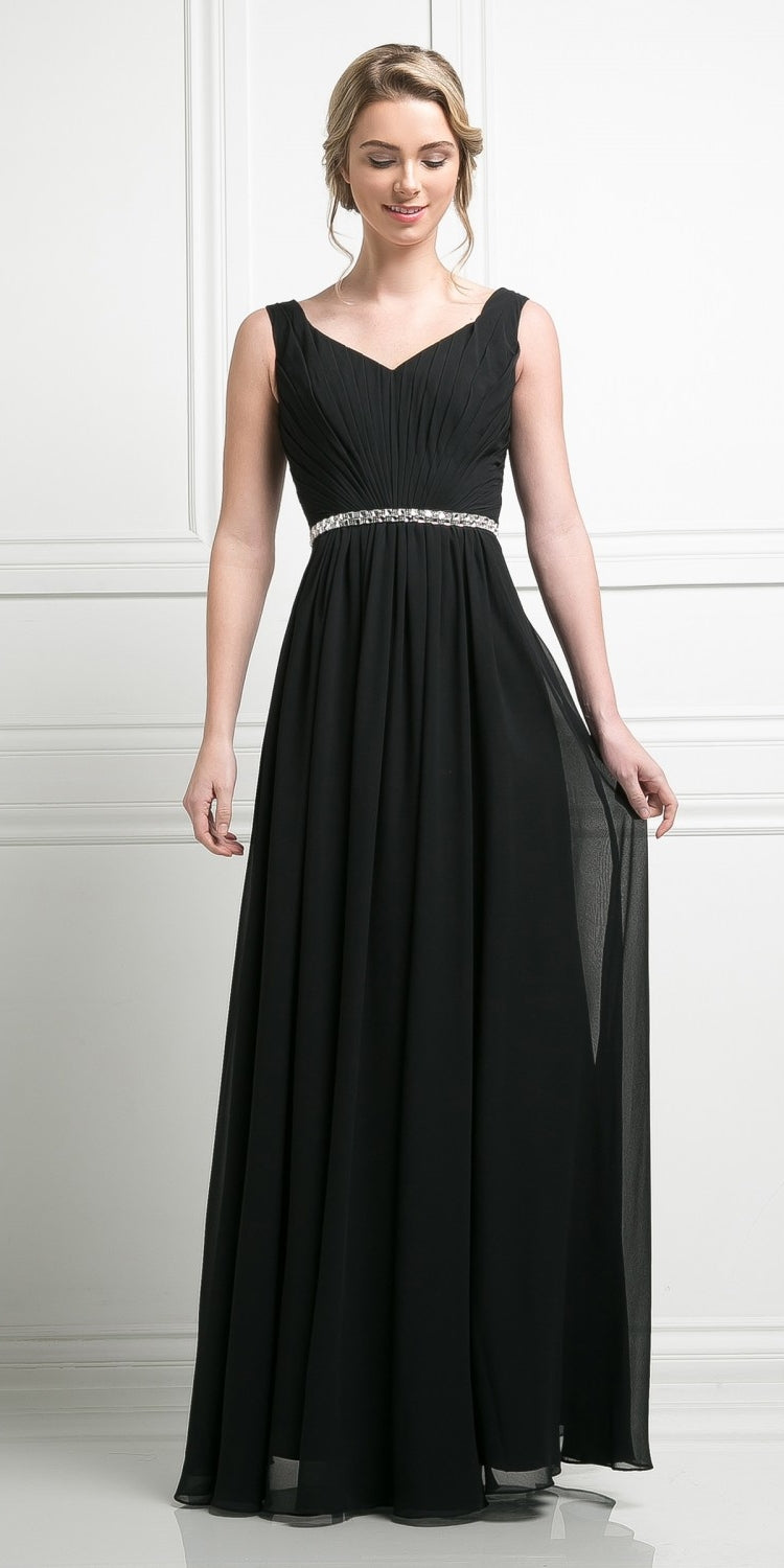 Black sleeveless long gown with sweetheart neckline, pleated skirt, rhinestone waist belt