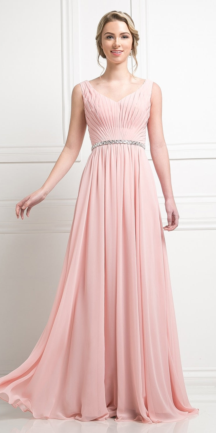 Blush pink sleeveless long gown with pleated skirt and rhinestone waist belt