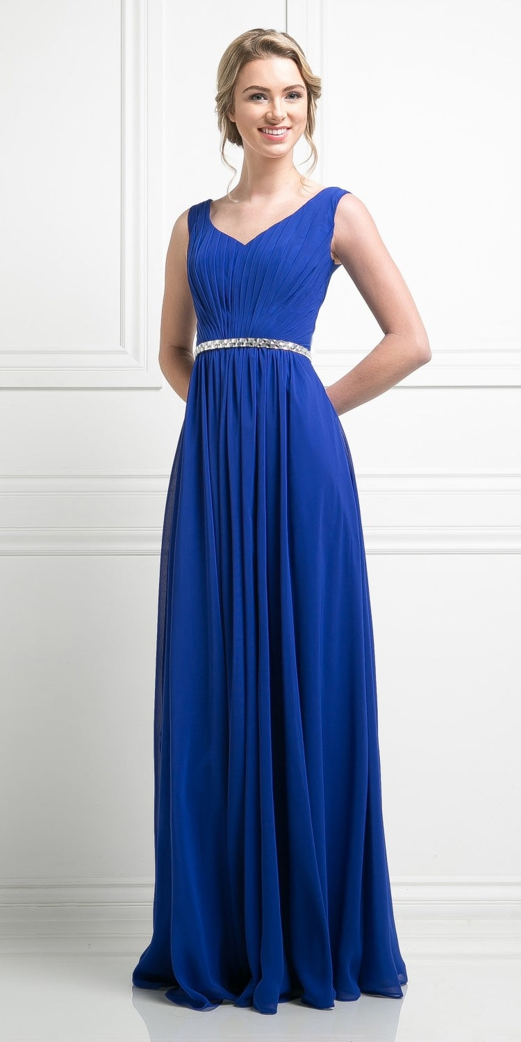Blue sleeveless long gown with V-neck, pleated skirt, and rhinestone waist belt