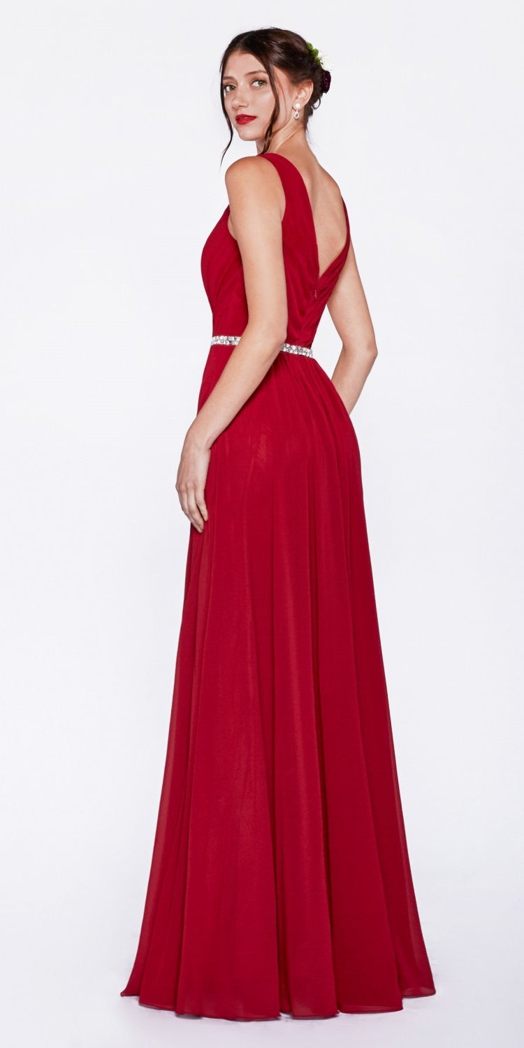 Red sleeveless long gown with V-back, pleated skirt, and rhinestone waist belt