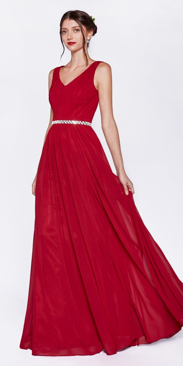 Red sleeveless long gown with V-neck, pleated skirt, and rhinestone waist belt