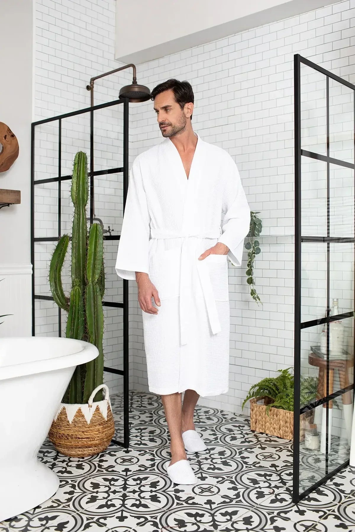 Men's waffle spa bathrobe, white V-neck with belt tie, mid-calf length