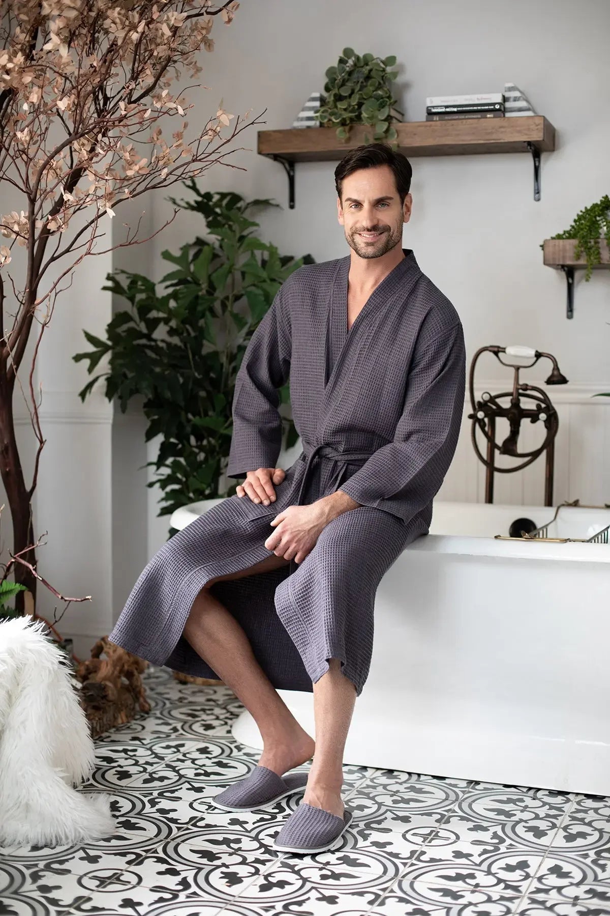Men's waffle spa bathrobe, dark gray V-neck with belt tie, mid-calf length