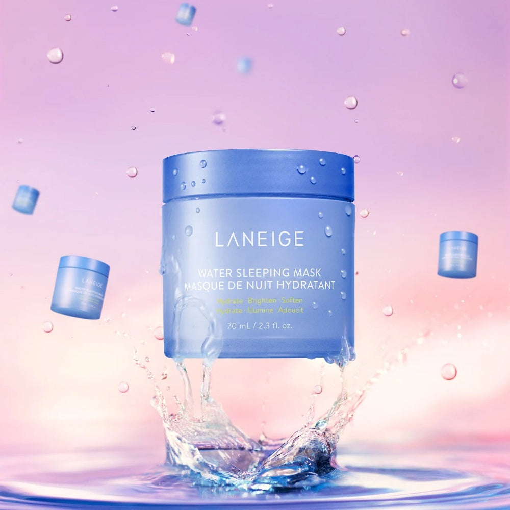 Laneige water sleeping mask jar with water splashes around blue lid