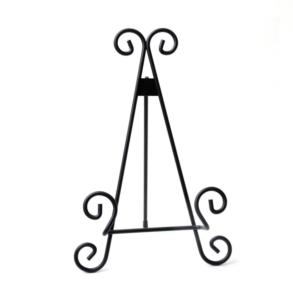 Black metal A-frame display stand with scroll feet