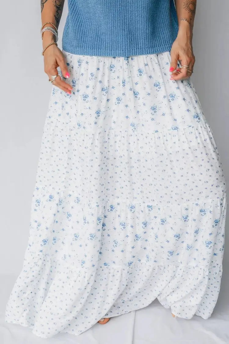 High Waist Floral Boho Maxi Skirt, Tiered Viscose