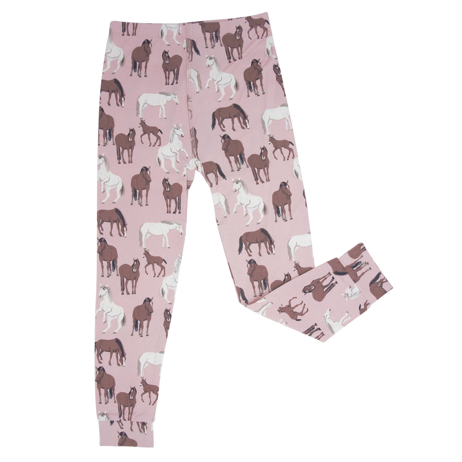 Big kid pajama pants in pink with wild horse print and ribbed cuffs