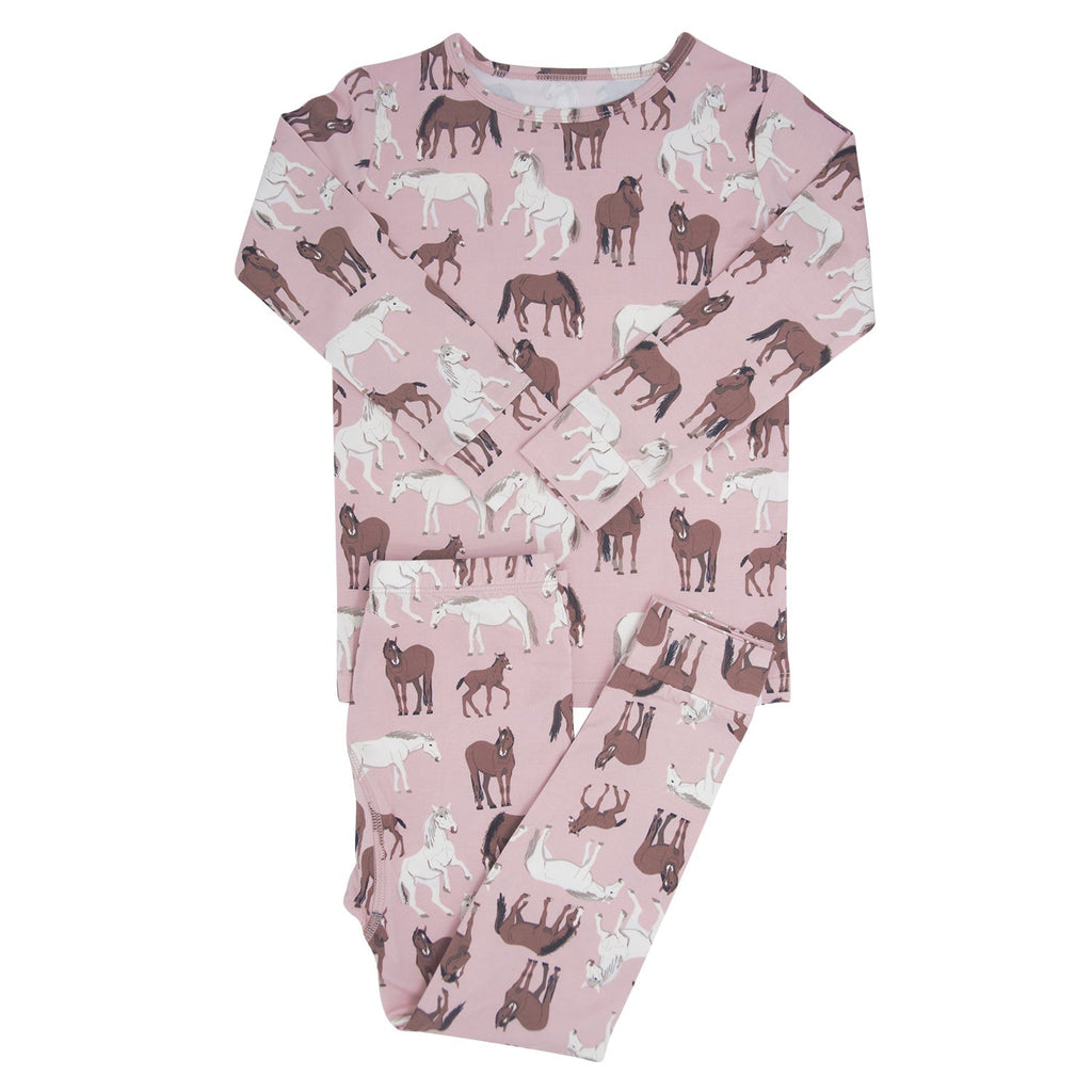 Big kid pajama set with pink long-sleeve top and wild horse print pants
