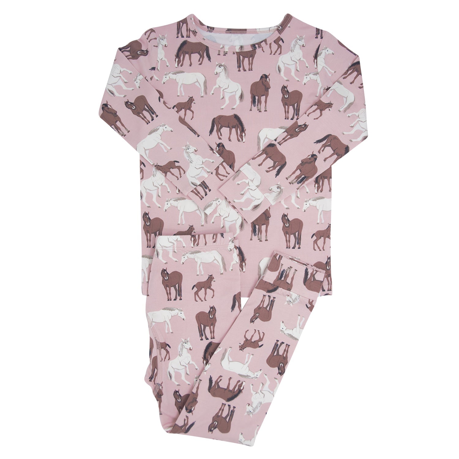 Big kid pajama set with pink long-sleeve top and wild horse print pants