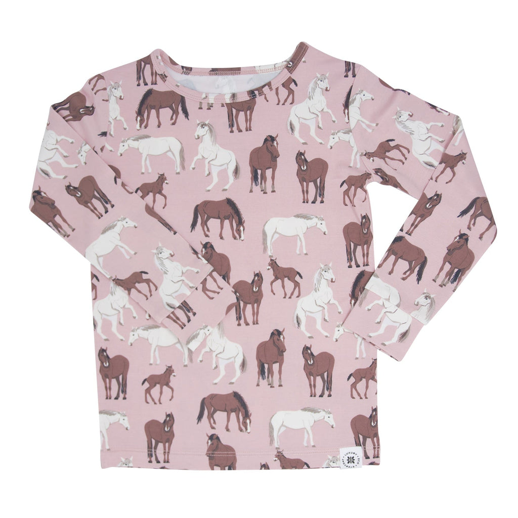 Big kid pajama shirt with long sleeves in pink and wild horse pattern