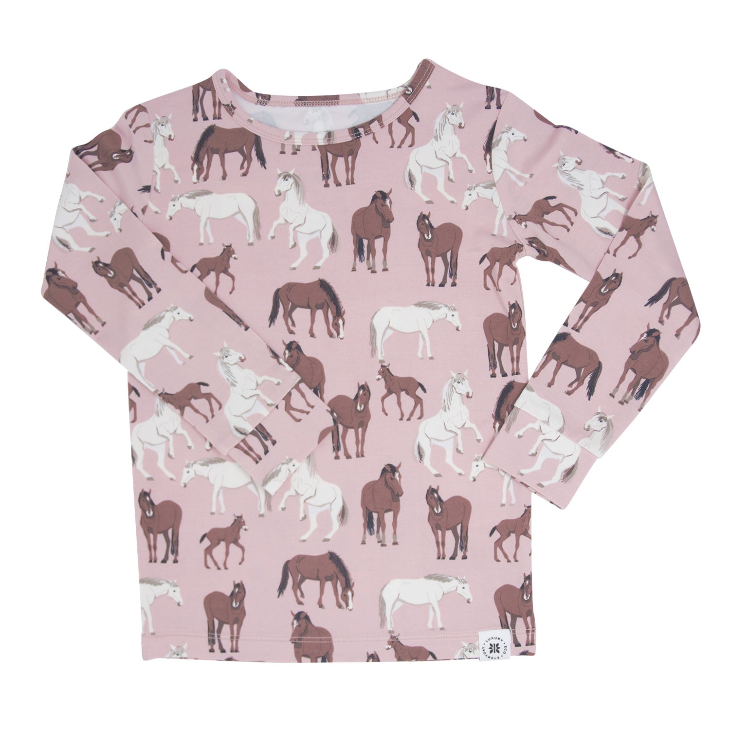 Big kid pajama shirt with long sleeves in pink and wild horse pattern