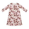 Boho horse-print dress for girls, long sleeves, round neck, ruffle hem