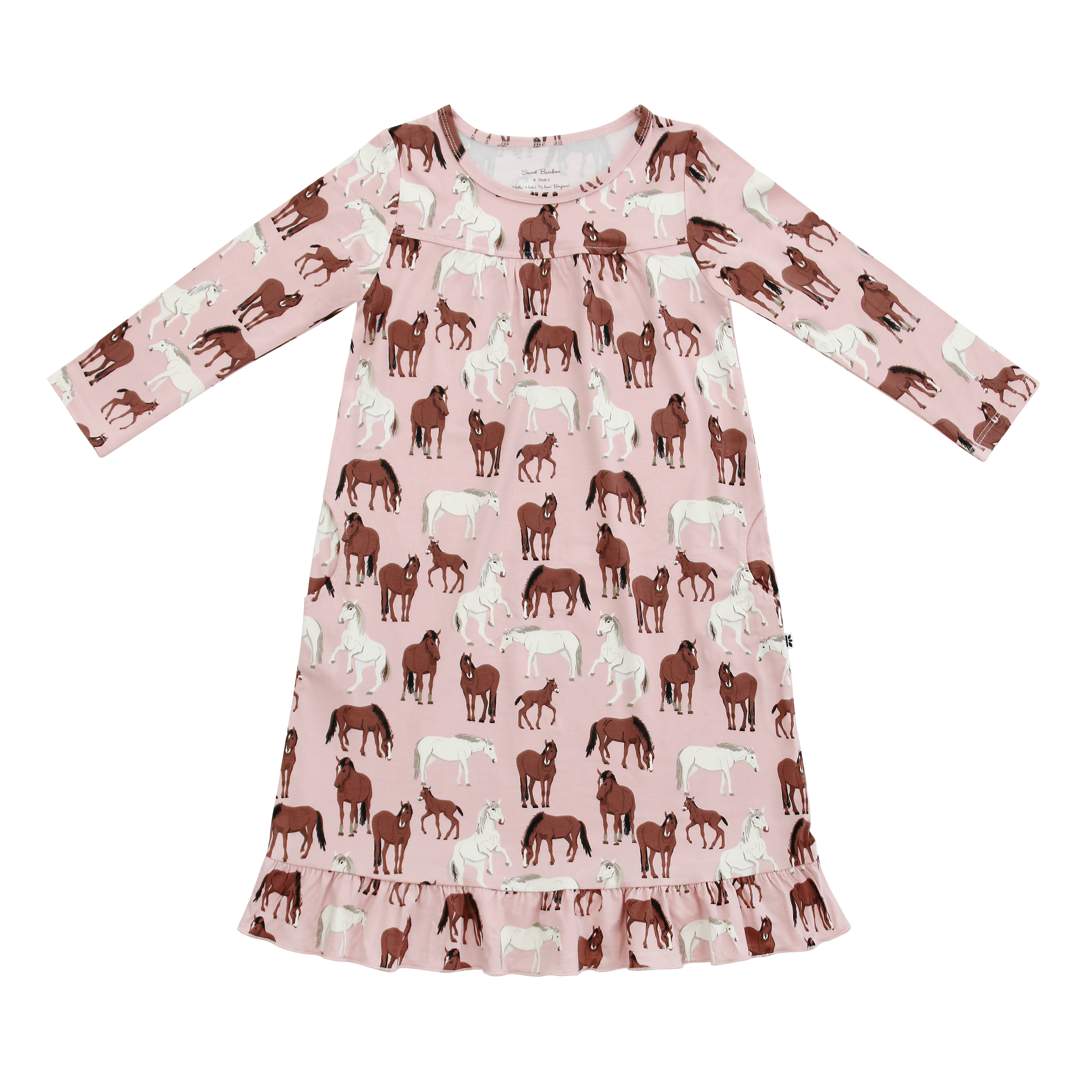 Boho horse-print dress for girls, long sleeves, round neck, ruffle hem