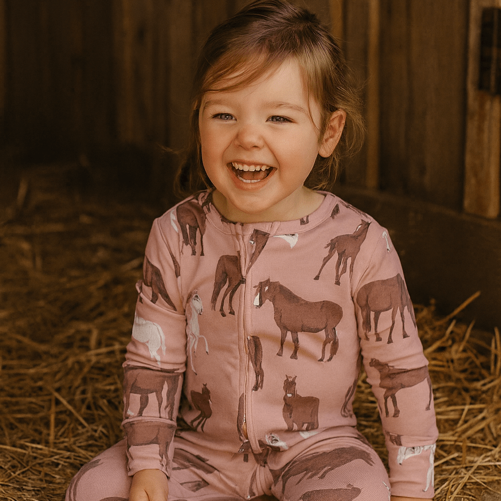 Girls' pale pink horse-print convertible romper with front zipper and long sleeves