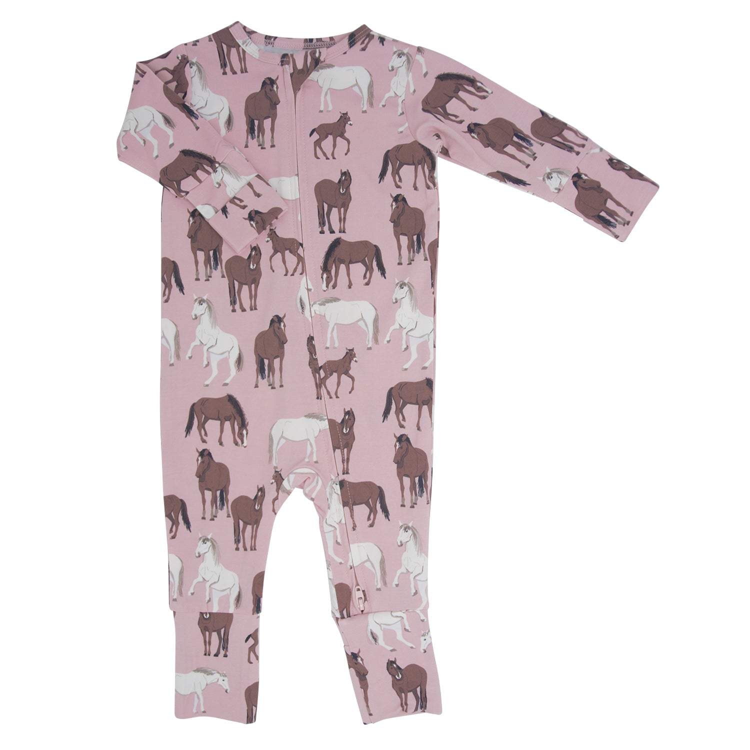 Girls' pale pink horse-print convertible romper with long sleeves and ankle-length legs