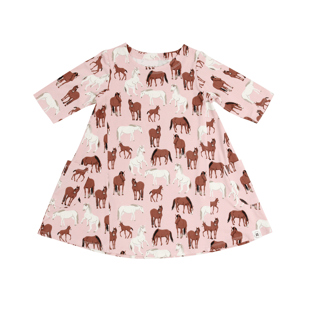 Girls' pink horse-pattern tunic dress with short sleeves and rounded neckline