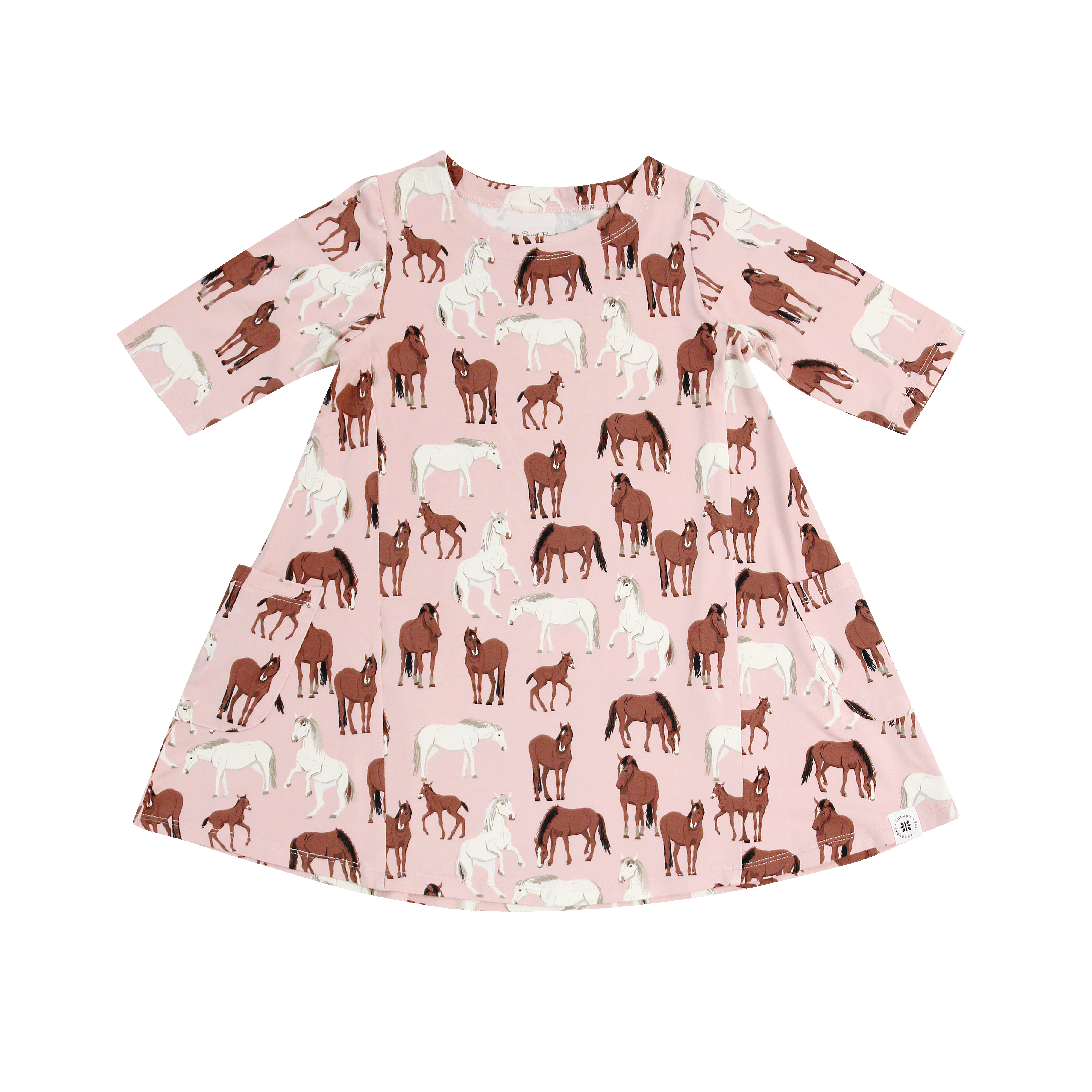 Girls' pink horse-pattern tunic dress with short sleeves and rounded neckline