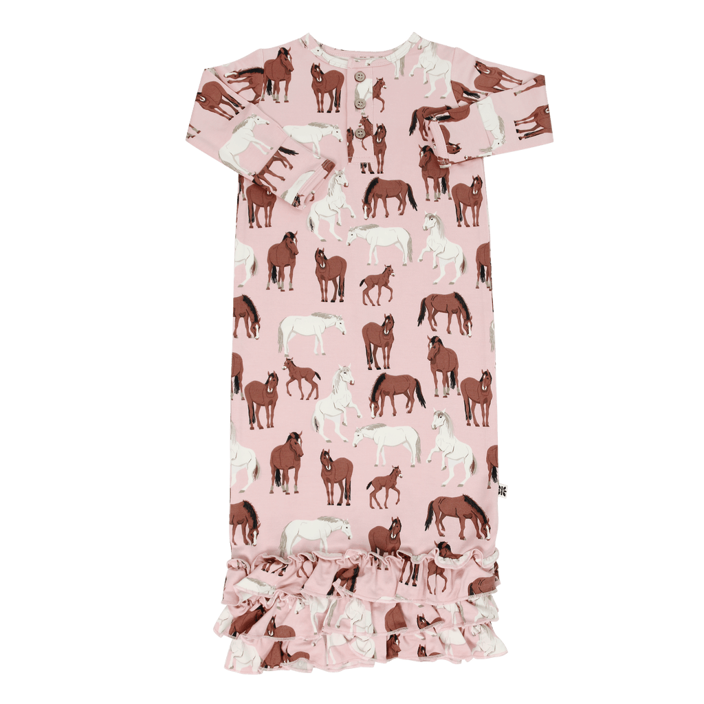 Pink horse-print long-sleeve gown with layered ruffle hem and cuffs