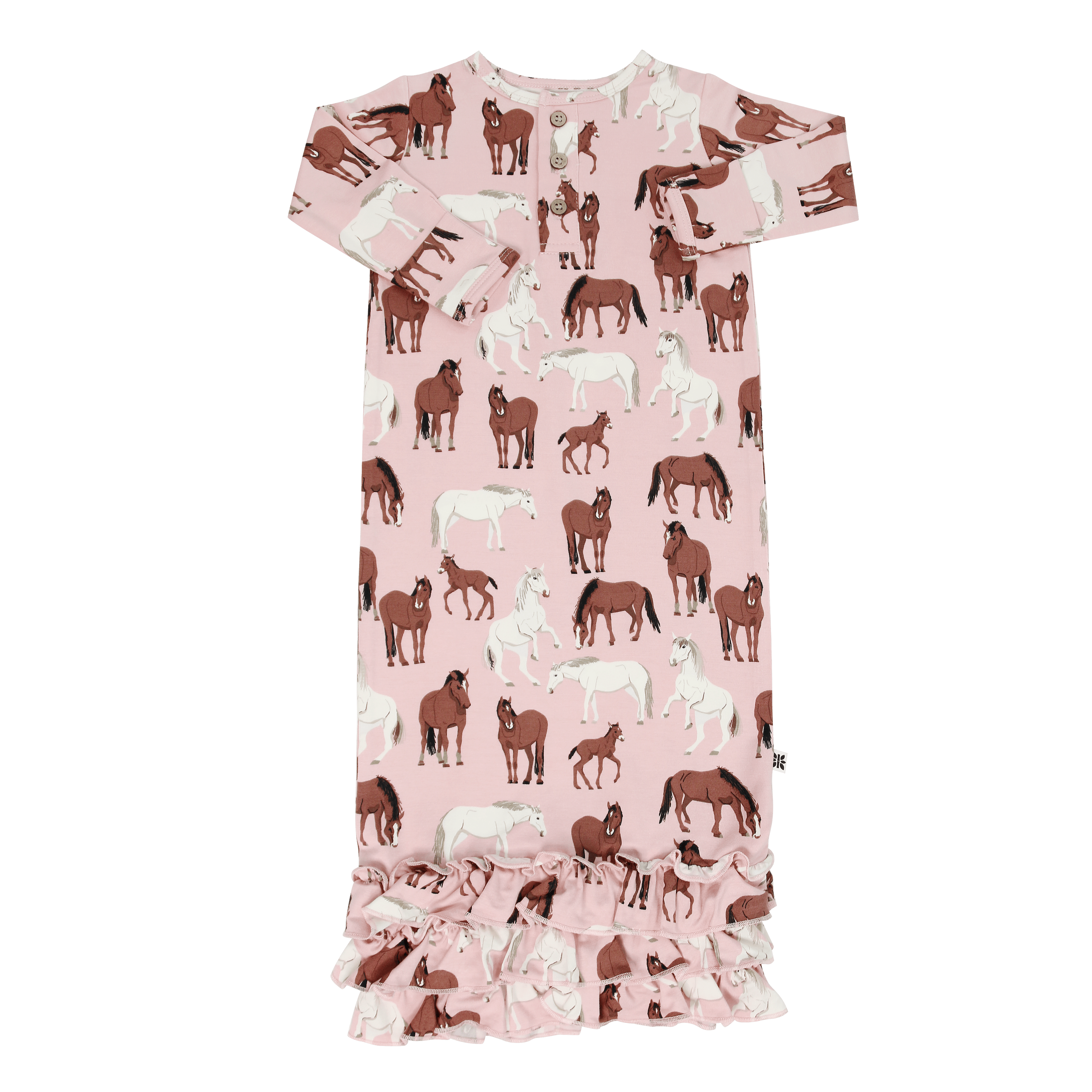 Pink horse-print long-sleeve gown with layered ruffle hem and cuffs