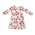Girls swirly dress in light pink with brown and white horse print, long sleeves