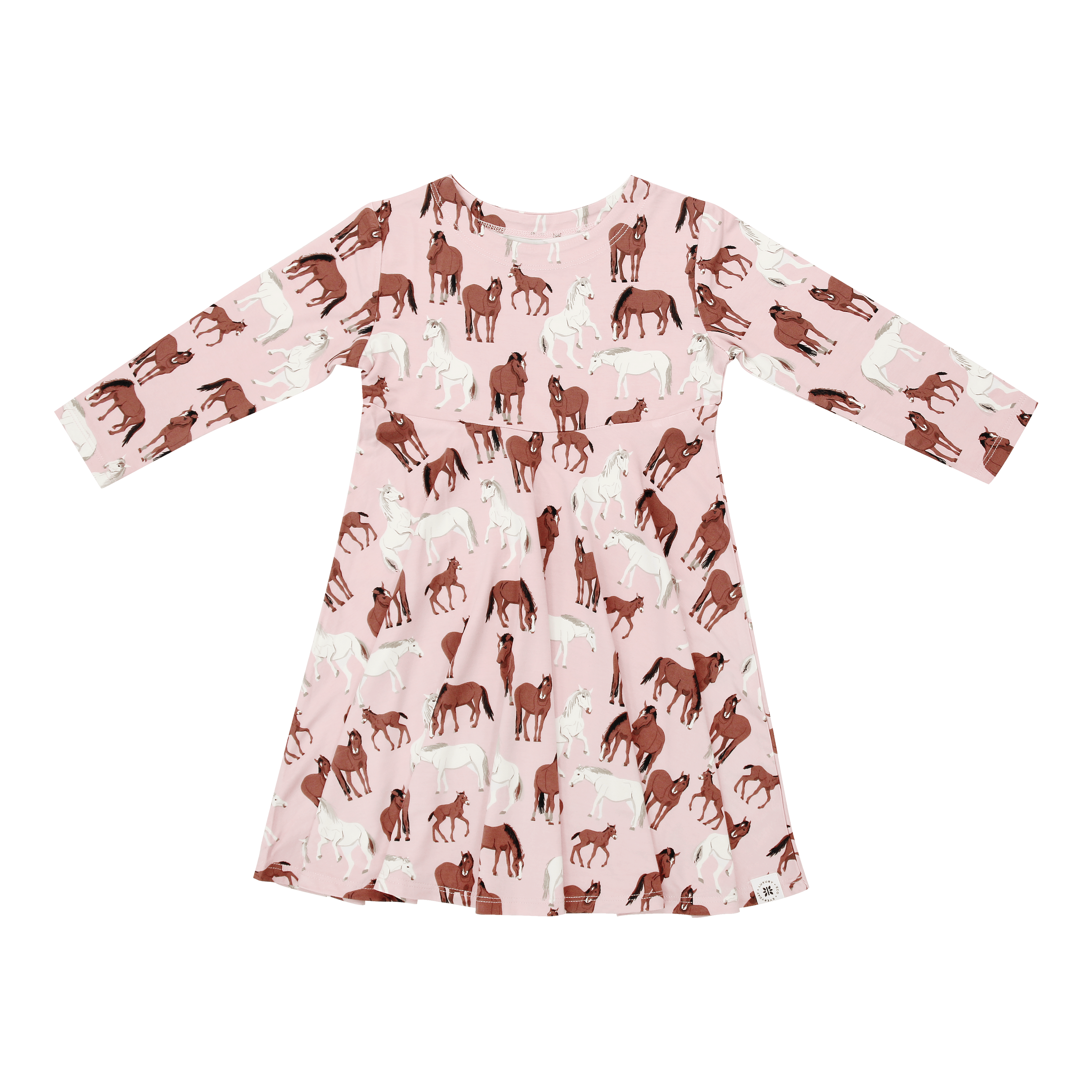 Girls swirly dress in light pink with brown and white horse print, long sleeves