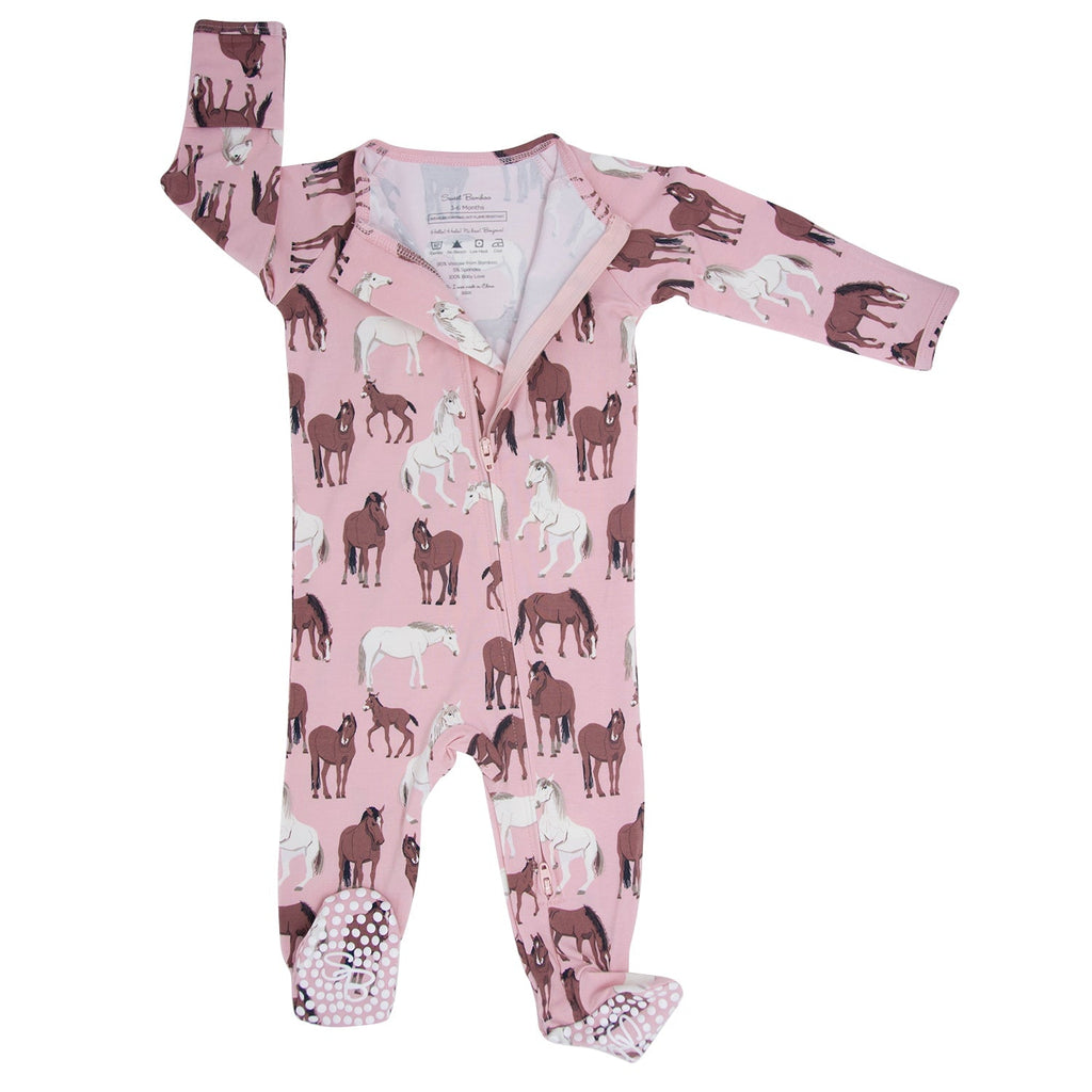 Dusty pink horse-print zip-front footie with long sleeves and covered feet