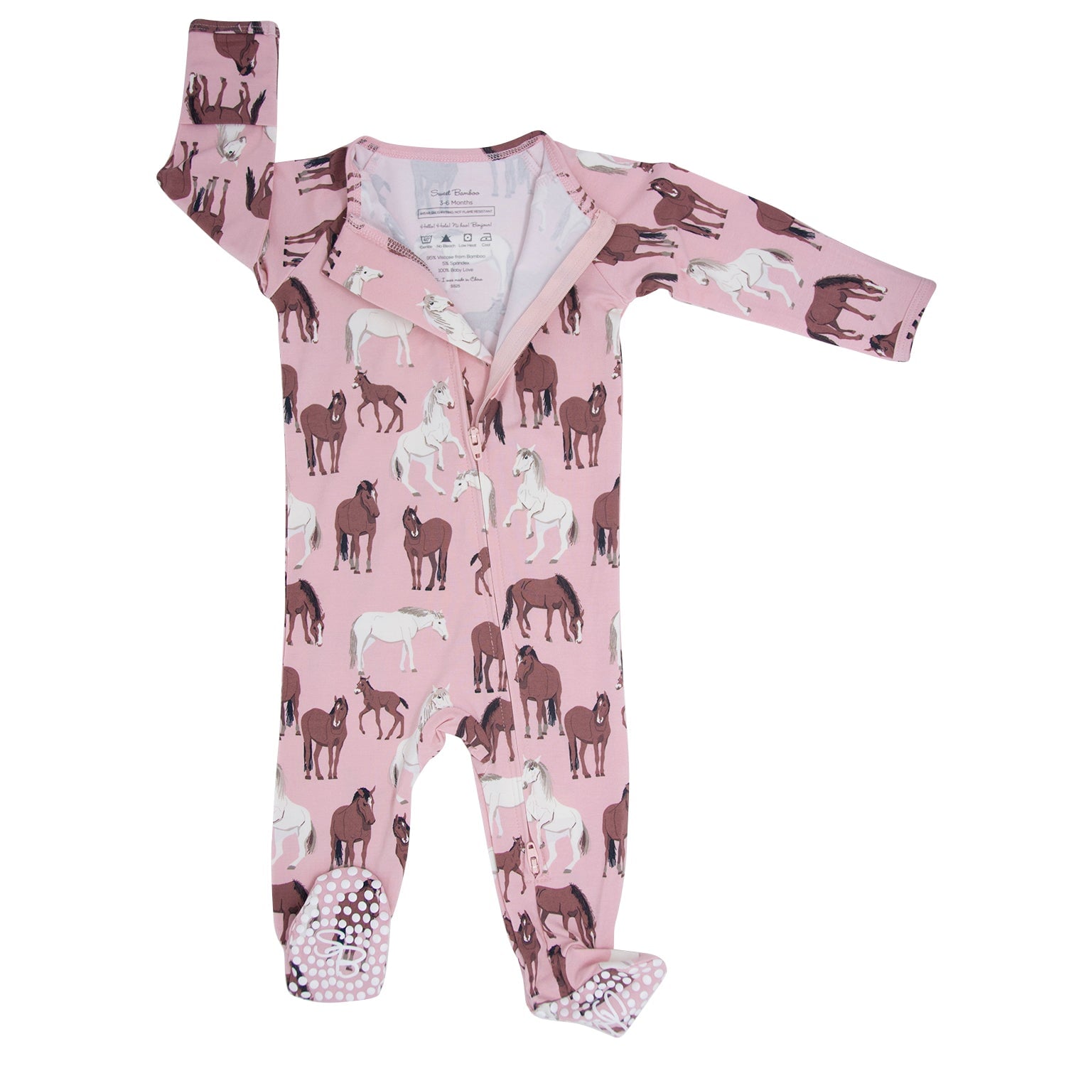 Dusty pink horse-print zip-front footie with long sleeves and covered feet