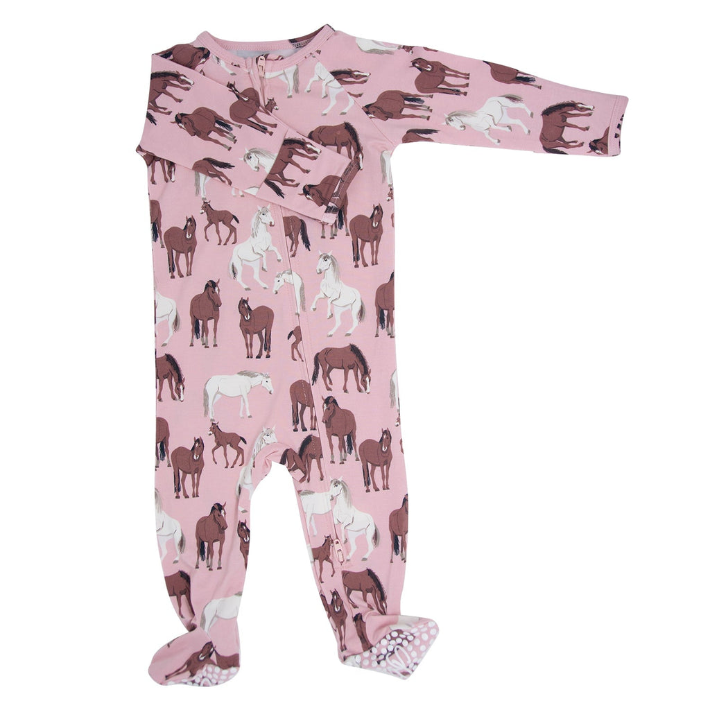 Dusty pink horse-print zip-front footie with long sleeves and footed cuffs