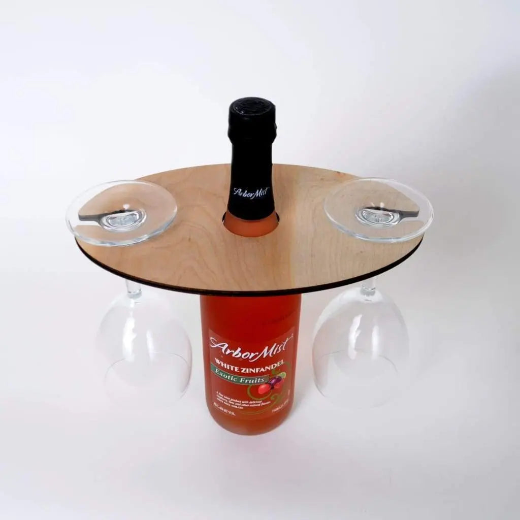 Round wood wine glass holder with two glass cups and central bottle stand